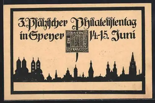 AK Speyer, 3. Pfälzischer Philatelistentag 1924, Silhouette der Stadt, Ganzsache