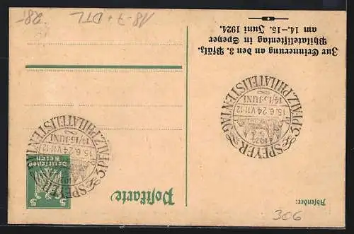 AK Speyer, 3. Pfälzischer Philatelistentag 1924, Silhouette der Stadt, Ganzsache