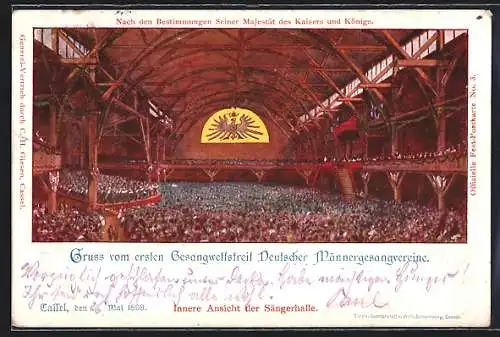 AK Kassel, Erster Gesangwettstreit Deutscher Männergesangvereine 1899, Innenansicht der Sängerhalle, Ganzsache