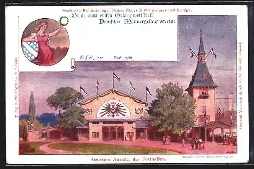 Künstler-AK Kassel, Erster Gesangswettstreit Deutscher Männergesangvereine 1899, Festhalle, Ganzsache
