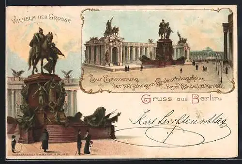 Lithographie Berlin, Erinnerung der 100 jährigen Geburtstagsfeier Kaiser Wilhelm I. 22. März 1897, Ganzsache