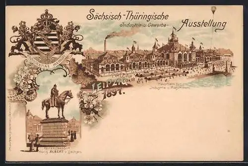 Lithographie Leipzig, Sächs.-Thür. Industrie- und Gewerbe-Ausstellung 1897, Haupthalle, Wappen, Ganzsache