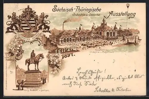 Lithographie Leipzig, Sächs.-Thür. Industrie- und Gewerbe-Ausstellung 1897, Haupthalle, Wappen, Ganzsache
