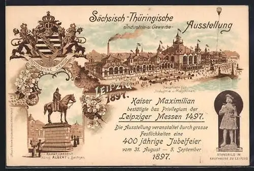 Lithographie Leipzig, Sächsisch Thüringische Industrie- u. Gewerbe-Ausstellung 1897, Haupthalle, Ganzsache