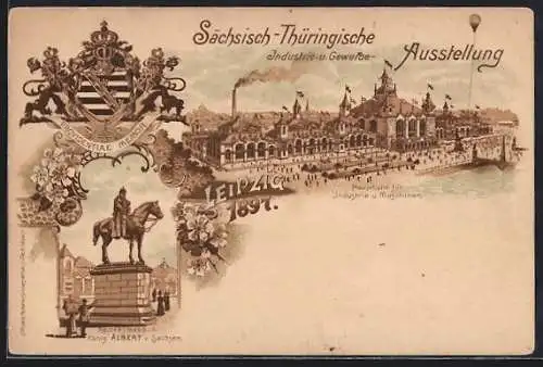 Lithographie Leipzig, Sächsisch-Thüringische Industrie & Gewerbe Ausstellung 1897, König Albert Denkmal, Ganzsache
