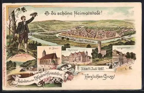 Lithographie Hann. Münden, I. Mündener Heimatsfest 1897, Weserblick, St. Blasii, Rathaus, Langestrasse, Ganzsache