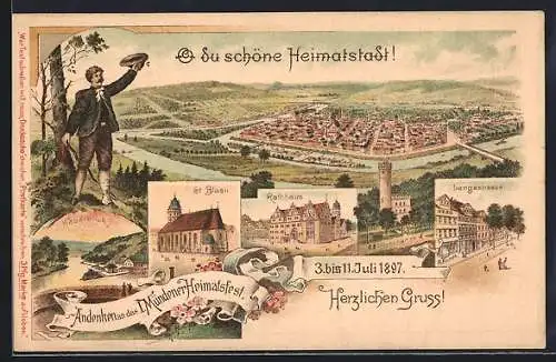 Lithographie Hann. Münden, 1. Mündener Heimatfest 1897, Langestrasse, Rathaus, St. Blasii, Ganzsache