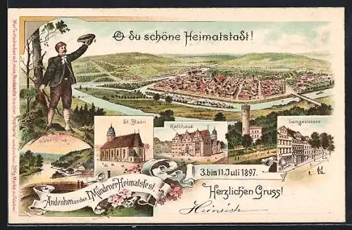 Lithographie Hann. Münden, 1. Mündener Heimatfest 1897, Langestrasse, Rathaus, Weserblick, Ganzsache