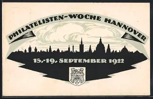 Künstler-AK Hannover, Philatelisten-Woche 1922, Stadtpanorama im Scherenschnitt, Ganzsache