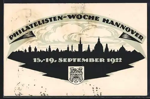 Künstler-AK Hannover, Philatelisten-Woche 1922, Stadtpanorama im Scherenschnitt, Ganzsache