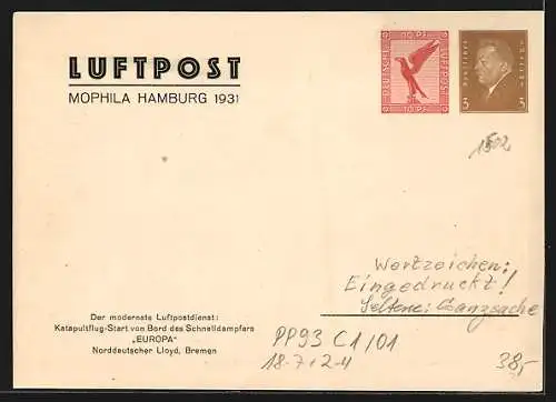 AK Hamburg, Luftpost-Ausstellung Mophila 1931, Katapultflug-Start vom Schnelldampfer Europa, Ganzsache PP93 C1 /01
