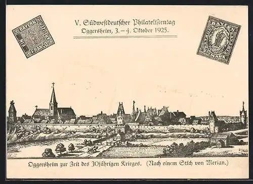 Künstler-AK Oggersheim, V. Südwestdeutscher Philatelistentag 1924, Teilansicht nach Merian, Ganzsache