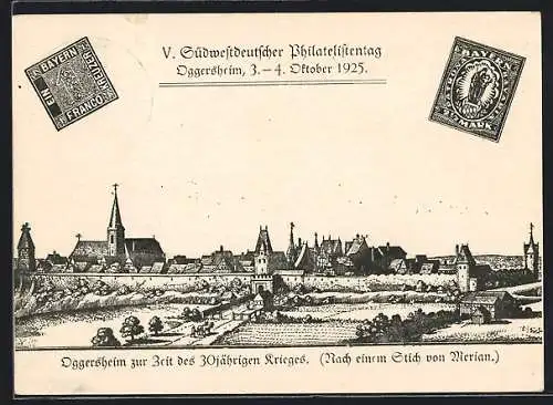 Künstler-AK Oggersheim, V. Südwestdeutscher Philatelistentag 1924, Teilansicht nach Merian, Ganzsache