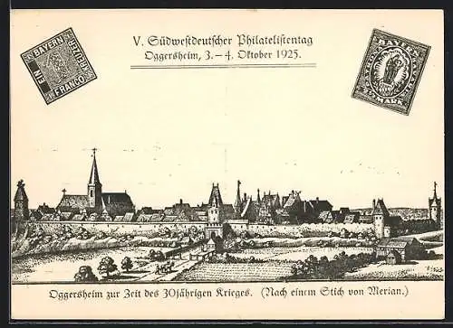 Künstler-AK Oggersheim, V. Südwestdeutscher Philatelistentag 1924, Teilansicht nach Merian, Ganzsache