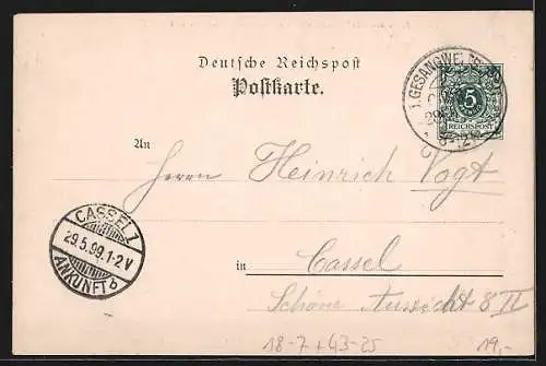 Künstler-AK Kassel, Erster Gesangswettstreit Deutscher Männergesangvereine 1899, Innenansicht der Sängerhalle, Ganzsache