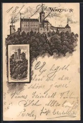 Vorläufer-Lithographie Wartburg, 1891, Ansichten aus Westen und Süden, Ganzsache