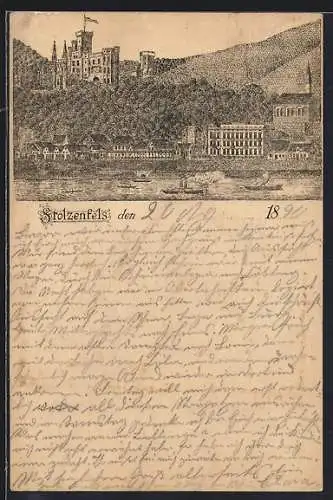 Vorläufer-Lithographie Stolzenfels, 1890, Ortsansicht mit der Burg, Ganzsache PP9 F387