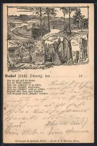 Lithographie Bastei /Sächs. Schweiz, Hotel, Basteibrücke und -felsen, Ganzsache