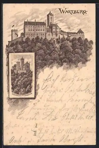 Lithographie Wartburg, Ansichten von Westen und Süden, Ganzsache