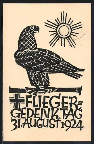 Künstler-AK 2. Deutscher Fliegergedenktag am 31.8.1924 Ring der Flieger, Adler vor der Sonne, Ganzsache