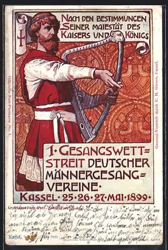 Künstler-AK Kassel, 1. Gesangswettstreit Deutscher Männergesang-Vereine 1899, Ganzsache