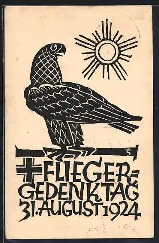 Künstler-AK 2. Deutscher Fliegergedenktag am 31.8.1924 Ring der Flieger, Adler vor der Sonne, Ganzsache PP75 C1