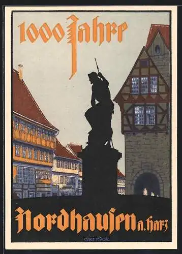 Künstler-AK Nordhausen a. Harz, Jahrtausendfeier, Fachwerkhäuser und Denkmal, Ganzsache