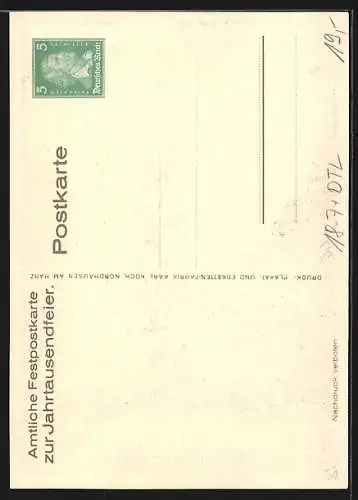 Künstler-AK Nordhausen a. Harz, Jahrtausendfeier, Fachwerkhäuser und Denkmal, Ganzsache