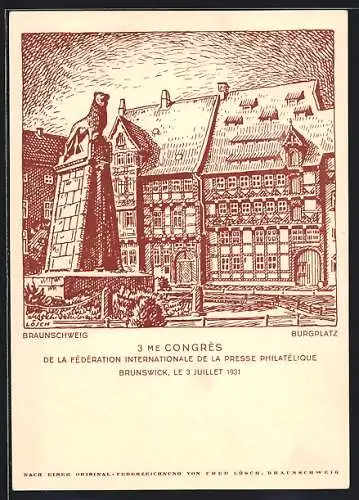 Künstler-AK Braunschweig, 8. Bundestag / 37. Philatelistentag, 4. und 5. Juli 1931, Burgplatz, Ganzsache