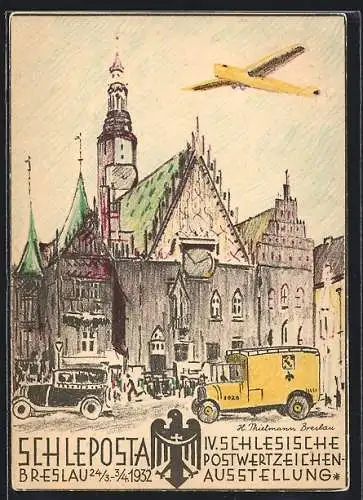 Künstler-AK Breslau, IV. Schlesische Postwertzeichen-Ausstellung 1932, Partie am Rathaus, Ganzsache