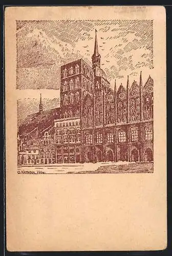 Künstler-AK Stralsund, Nedderdütsch Woch 1923, Ansicht vom Rathaus, Ganzsache PP 69 C1