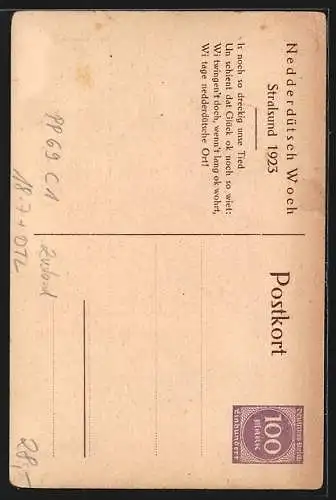 Künstler-AK Stralsund, Nedderdütsch Woch 1923, Ansicht vom Rathaus, Ganzsache PP 69 C1