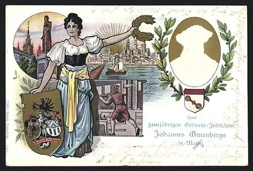 Präge-AK Ganzsache PP15 D6: Mainz, 500. Geburtstag Johannes Gutenbergs 1900, Druckerpresse, Porträt und Wappen