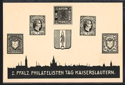 AK Ganzsache PP 66 C1: Kaiserslautern, 2. Pfälz. Philatelistentag 1923, Briefmarken und Wappen