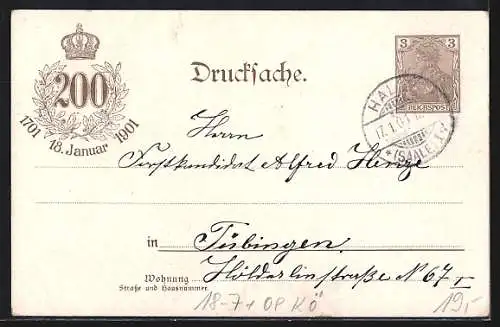 AK Königsberg, 200. Jubiläum des Königreichs Preussen 1901, Schloss und Porträts, Kaiser Wilhelm II., Ganzsache