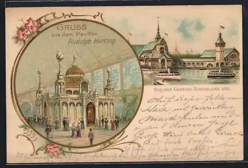 Lithographie Berlin, Gewerbe-Ausstellung 1896, Pavillon Rudolph Hertzog, Ganzsache