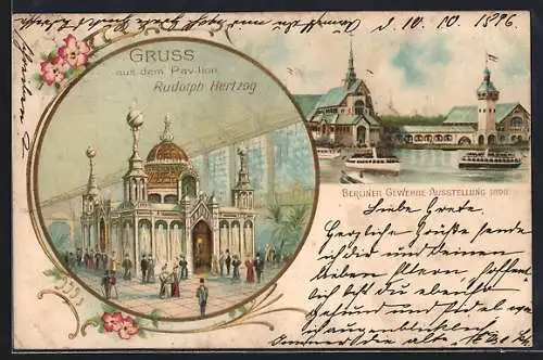 Lithographie Berlin, Gewerbe-Ausstellung 1896, Pavillon Rudolph Hertzog, Ganzsache