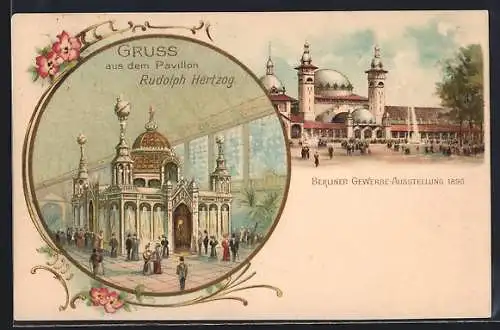 Lithographie Berlin, Gewerbe-Ausstellung 1896, Pavillon Rudolph Hertzog, Ganzsache