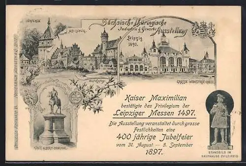 Künstler-AK Leipzig, Industrie u. Gewerbe-Ausstellung 1897, Industrie-Halle, Alt-Leipzig, Ganzsache