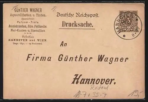 AK Hannover, Reklame für Günther Wagner`s Pelikan-Tinte, Ganzsache
