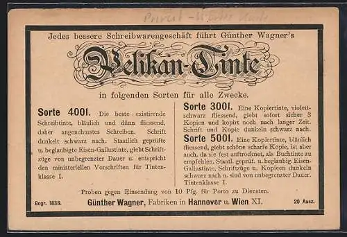 AK Hannover, Reklame für Günther Wagner`s Pelikan-Tinte, Ganzsache