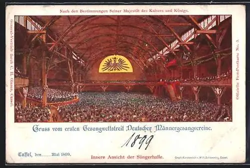 AK Cassel, 1. Gesangwettstreit Deutscher Männergesangvereine 1899, Inneres der Sängerhalle, Ganzsache