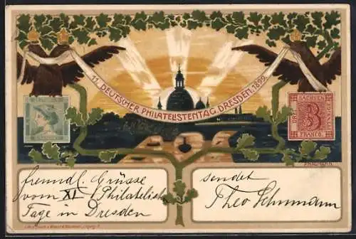 Lithographie Dresden, 11. Deutscher Philatelistentag 1899, Adler mit Kronen, Briefmarken, Ganzsache