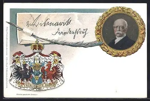 Künstler-AK Portrait von Bismarck, Wappen und Schreibfeder, Ganzsache