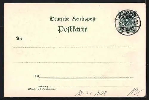 Künstler-AK Portrait von Bismarck, Wappen und Schreibfeder, Ganzsache
