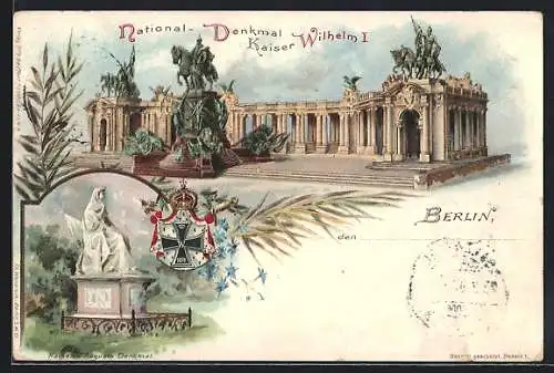 Lithographie Berlin, National-Denkmal Kaiser Wilhelm I. und Kaiserin Auguste Denkmal, Ganzsache
