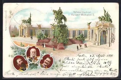 Lithographie Berlin, National-Denkmal Kaiser Wilhelm I. mit Porträts, Ganzsache