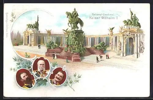 Lithographie Berlin, National-Denkmal Kaiser Wilhelm I. mit Porträts, Ganzsache