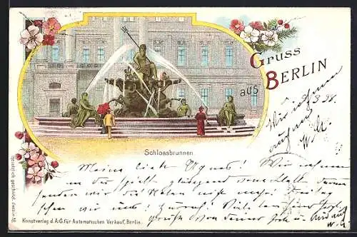 Lithographie Berlin, Schlossbrunnen mit Besuchern, Ganzsache
