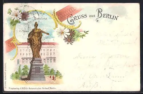 Lithographie Berlin, Berolina-Statue am Alexanderplatz, Ganzsache